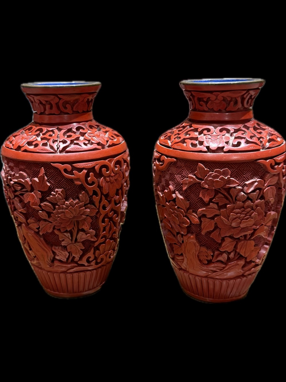Pair of Authentic Republic Of China Vintage Chinese Cinnabar Lacquer Vases.